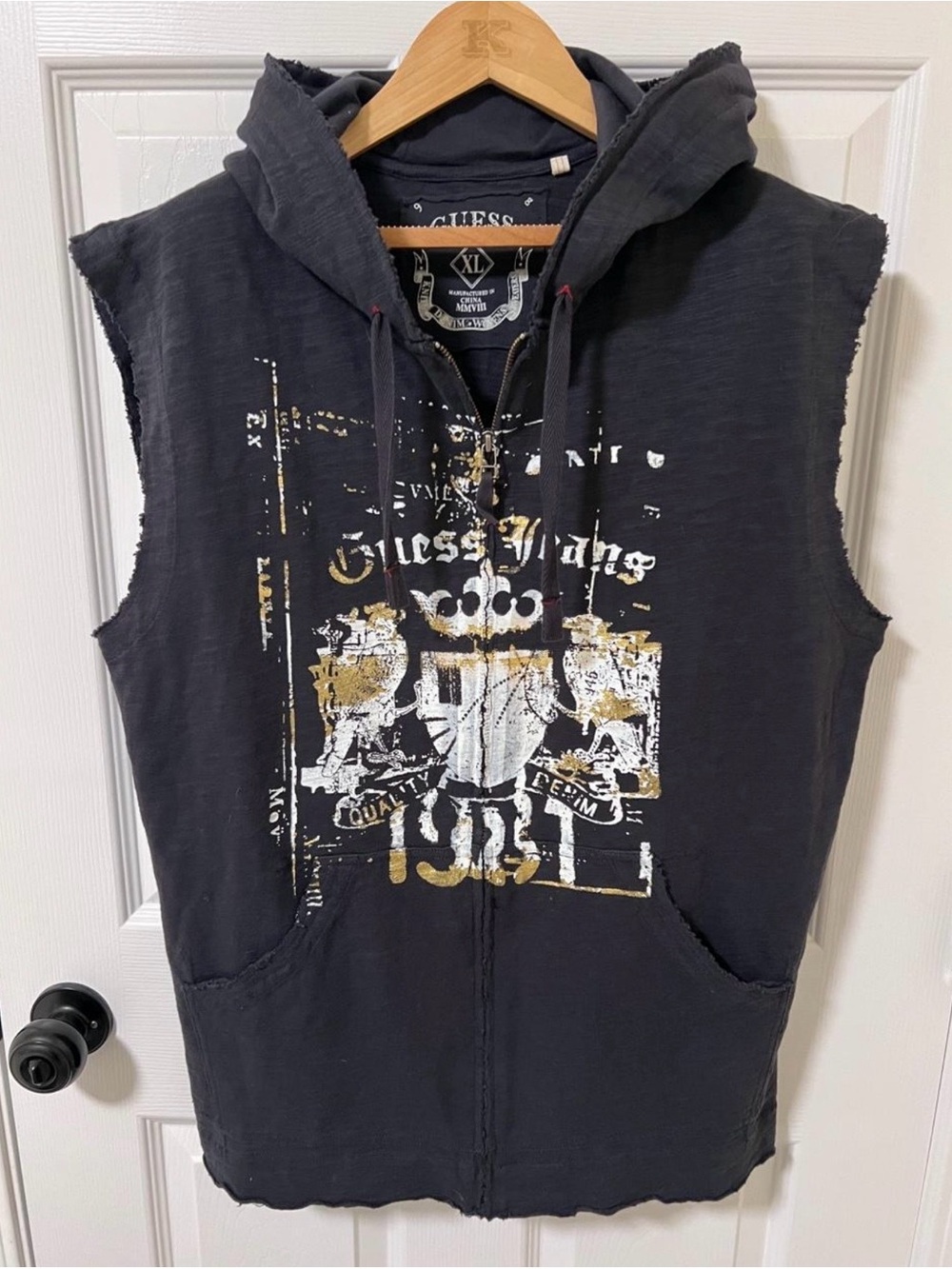 Vintage Guess Black Vest Hooded Zip-Up Top with Metallic Graphic